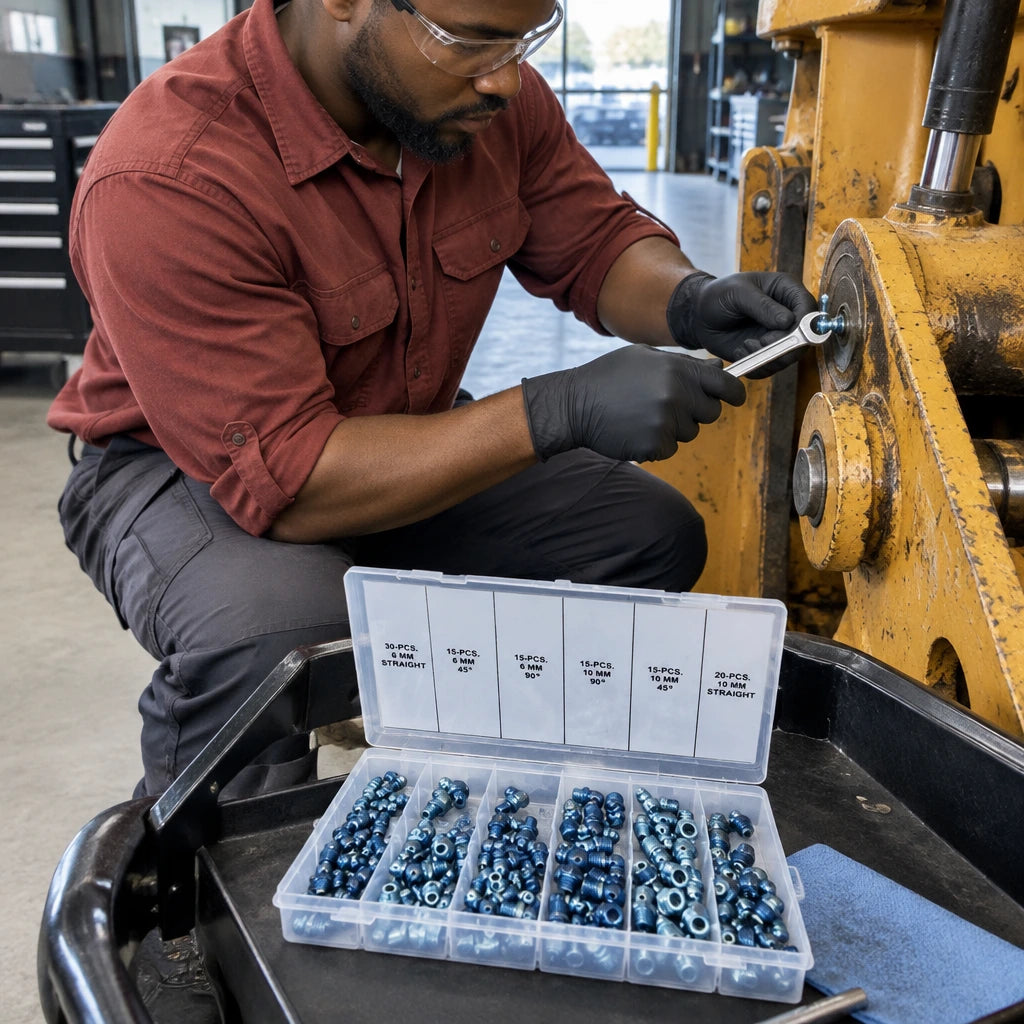 African American maintenance technician replacing a compatible grease fitting on industrial machinery beside an open Neiko assortment case