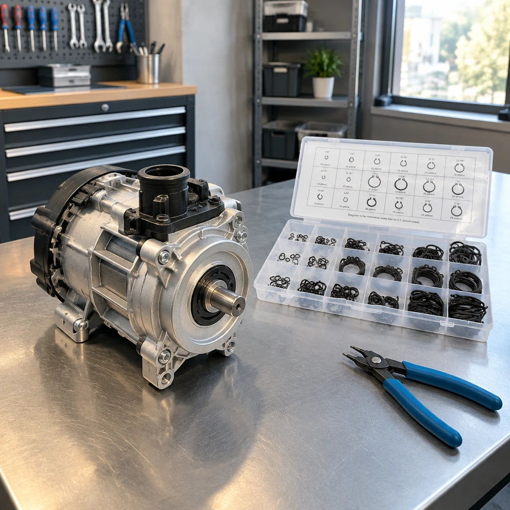 Completed equipment drive assembly ready for service beside the organised Neiko snap ring kit
