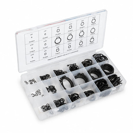 Neiko 300-piece internal and external snap ring assortment in an open compartment case on white background