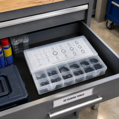 Closed Neiko snap ring assortment case stored in an organised machinery repair workshop drawer