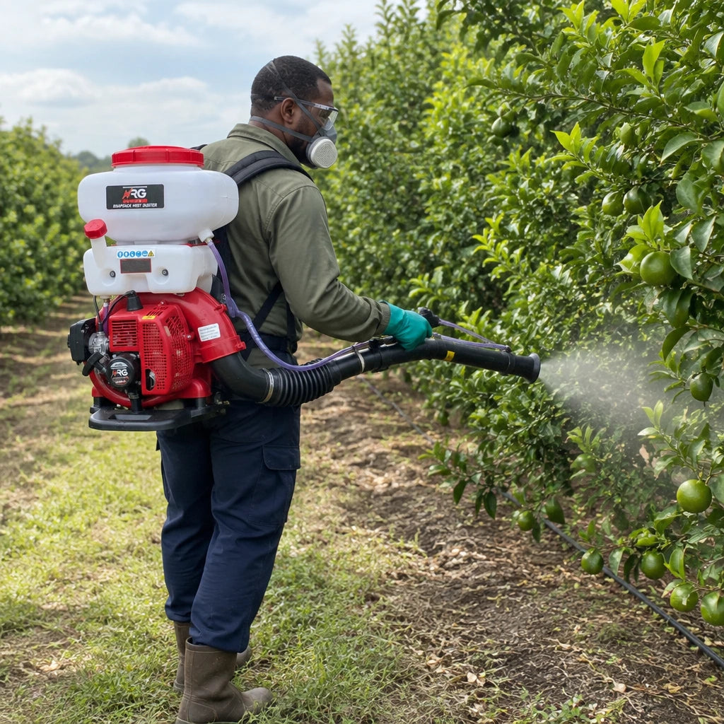 African American orchard worker wearing the NRG gasoline knapsack sprayer while applying an approved liquid treatment to fruit trees