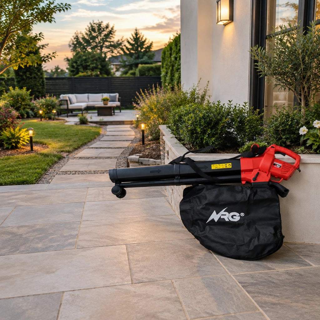 Clean leaf-free terrace and garden path with the NRG electric blower vacuum resting nearby