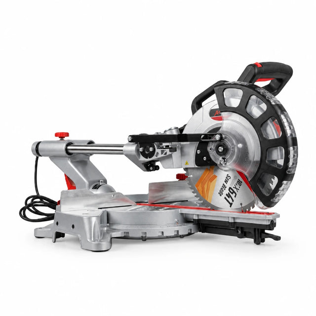 NRG 10-inch 2000W electric sliding compound mitre saw with guarded 255mm blade and dual guide rails on a white background.
