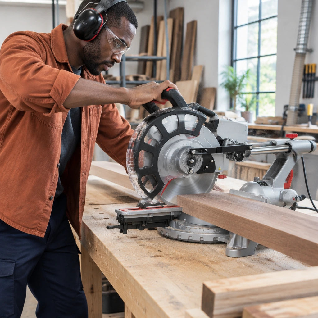 African American furniture maker using the NRG 10-inch sliding compound mitre saw to crosscut a supported hardwood cabinet component.