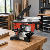 NRG NMS8200 sliding mitre saw parked on a timber workbench in an organised flooring workshop