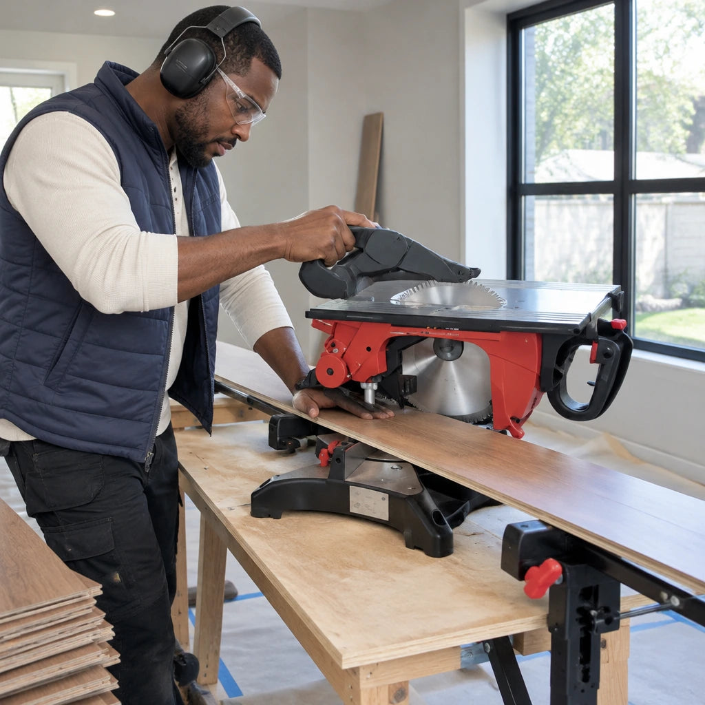 African American flooring installer using the NRG NMS8200 sliding mitre saw to crosscut a supported timber flooring board