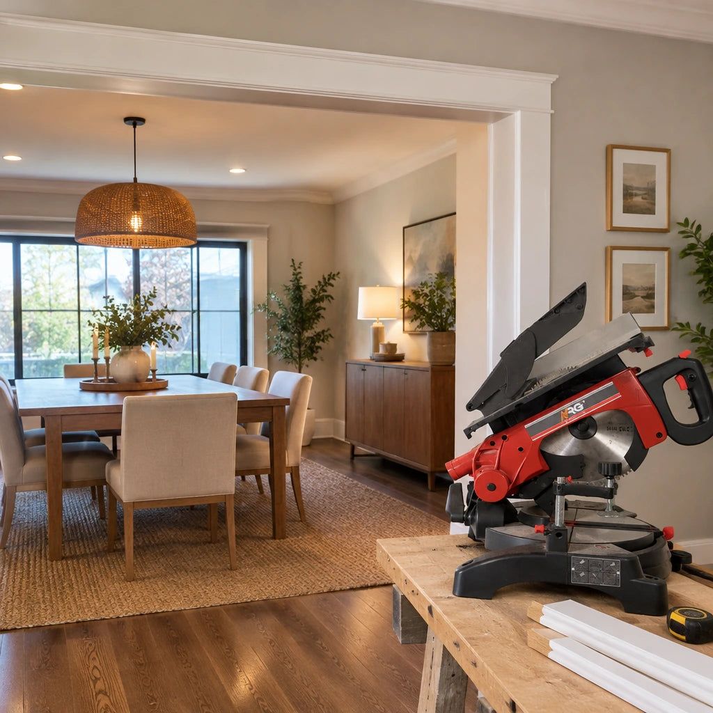 Finished dining-room opening with accurately joined timber moulding and NRG NMS8120 saw nearby