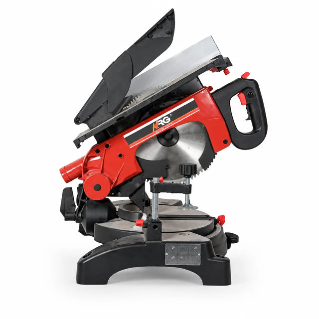 NRG NMS8120 12-inch red and black dual-bevel sliding mitre saw on a white background