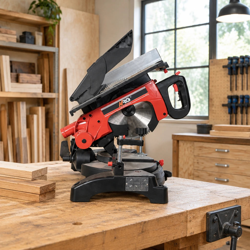 NRG NMS8120 sliding mitre saw resting on a professional joinery workbench