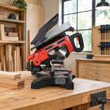 NRG NMS8120 sliding mitre saw resting on a professional joinery workbench