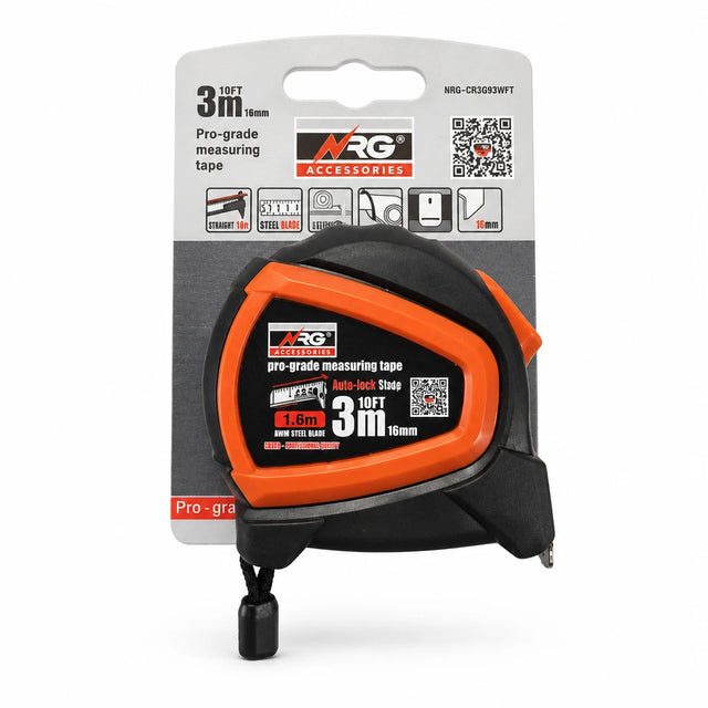 NRG 3 m Pro-Grade Auto-Lock steel measuring tape with orange-and-black case in retail card packaging on white background.
