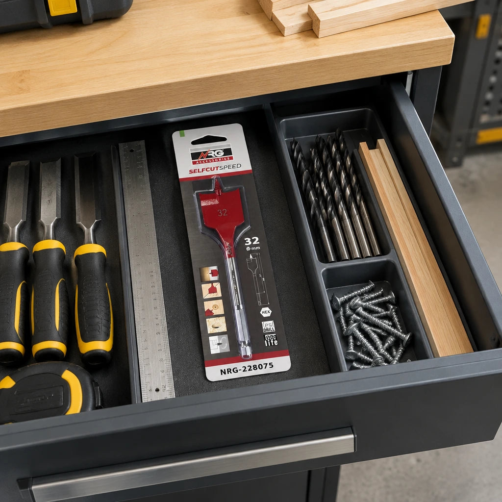 Packaged NRG 32mm flat wood drill bit stored in an organised electrical installation workshop tool drawer.