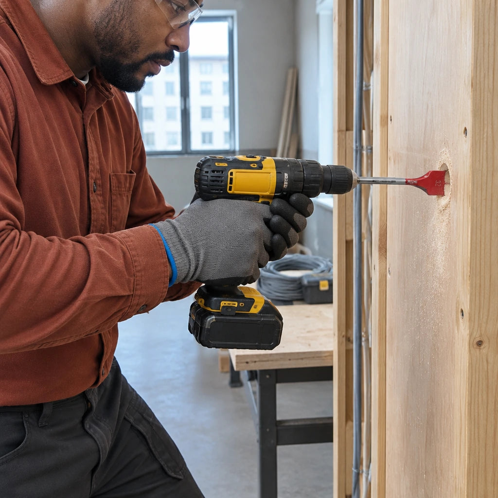 African American electrical technician drills a 32mm cable-routing hole through a supported timber panel with the NRG flat wood bit.
