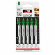 NRG five-piece T144D 100mm HCS T-shank jigsaw blade pack for fast straight wood cuts on white background.