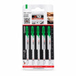 NRG five-piece T244D 100mm HCS T-shank jigsaw blade pack for curved wood cuts on a white background