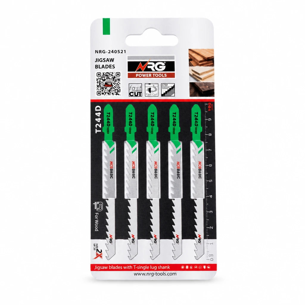 NRG five-piece T244D 100mm HCS T-shank jigsaw blade pack for curved wood cuts on a white background
