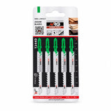NRG five-piece T244D 100mm HCS T-shank jigsaw blade pack for curved wood cuts on a white background
