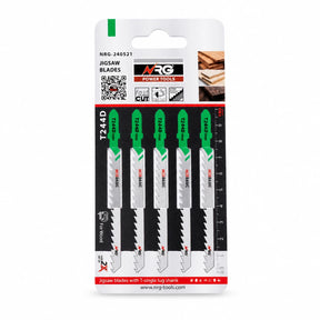 NRG five-piece T244D 100mm HCS T-shank jigsaw blade pack for curved wood cuts on a white background