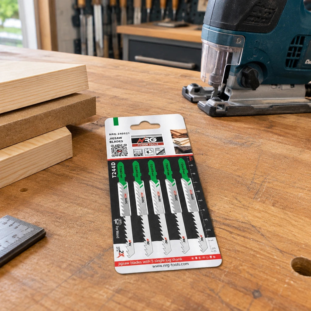 Packaged NRG T244D curved-cut jigsaw blades resting on an organised joinery workshop bench