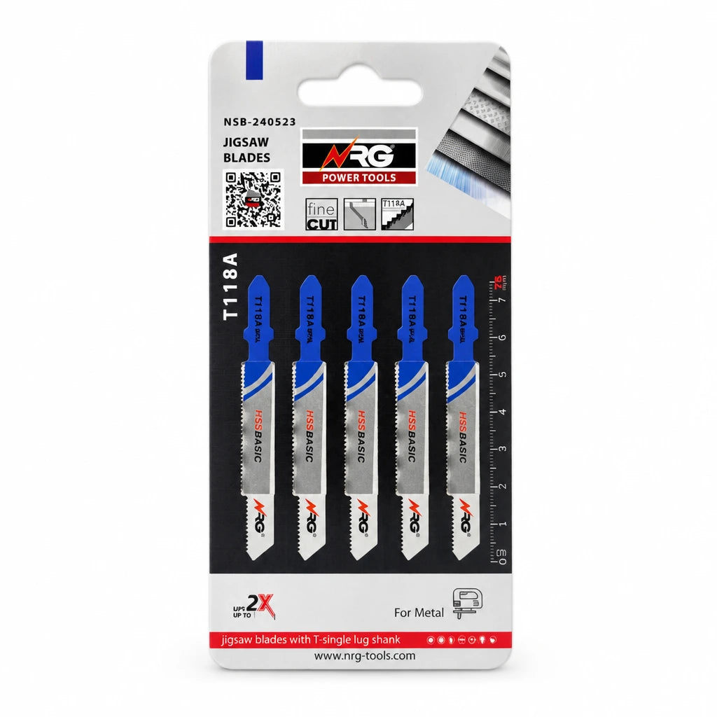 NRG five-piece T118A 75mm HSS T-shank jigsaw blade pack for thin metal cuts