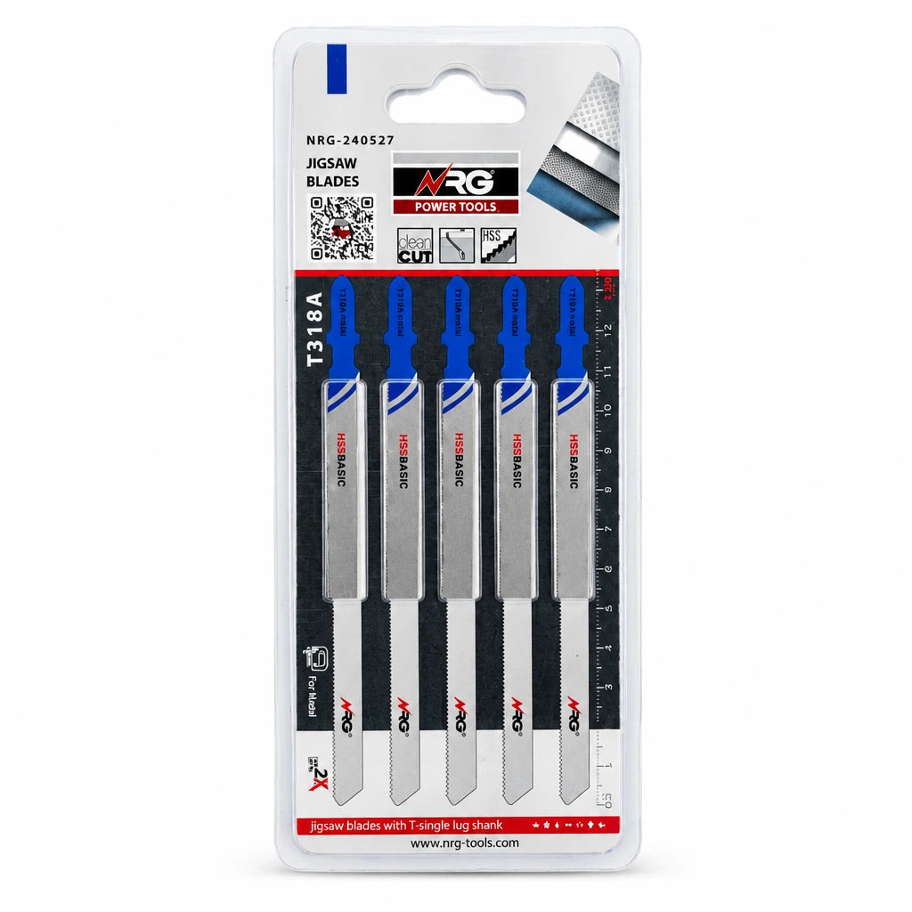 NRG five-piece T318A 130mm HSS T-shank jigsaw blades for metal in retail blister packaging on white background