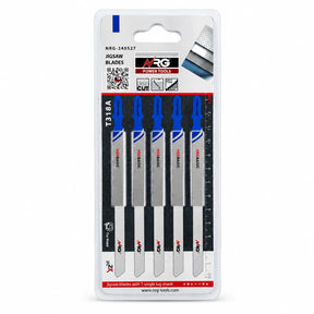 NRG five-piece T318A 130mm HSS T-shank jigsaw blades for metal in retail blister packaging on white background