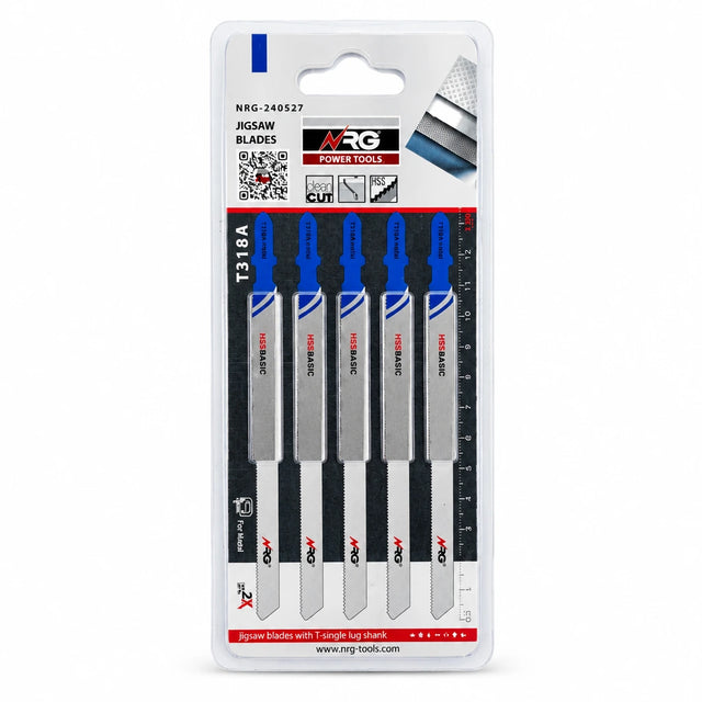 NRG five-piece T318A 130mm HSS T-shank jigsaw blades for metal in retail blister packaging on white background