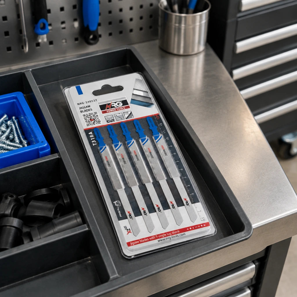 Packaged NRG T318A metal jigsaw blades resting in an organised metal-fabrication workshop consumables tray
