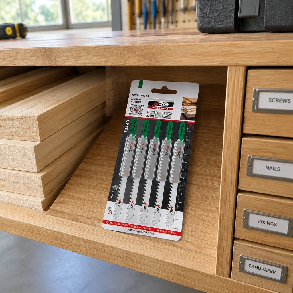 Packaged NRG T344D wood jigsaw blades resting in an organised professional carpentry workshop storage shelf