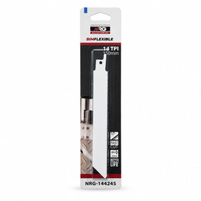 Packaged NRG 150mm bi-metal flexible reciprocating saw blade for metal with 14 TPI teeth and S-shank fitting on a white background.