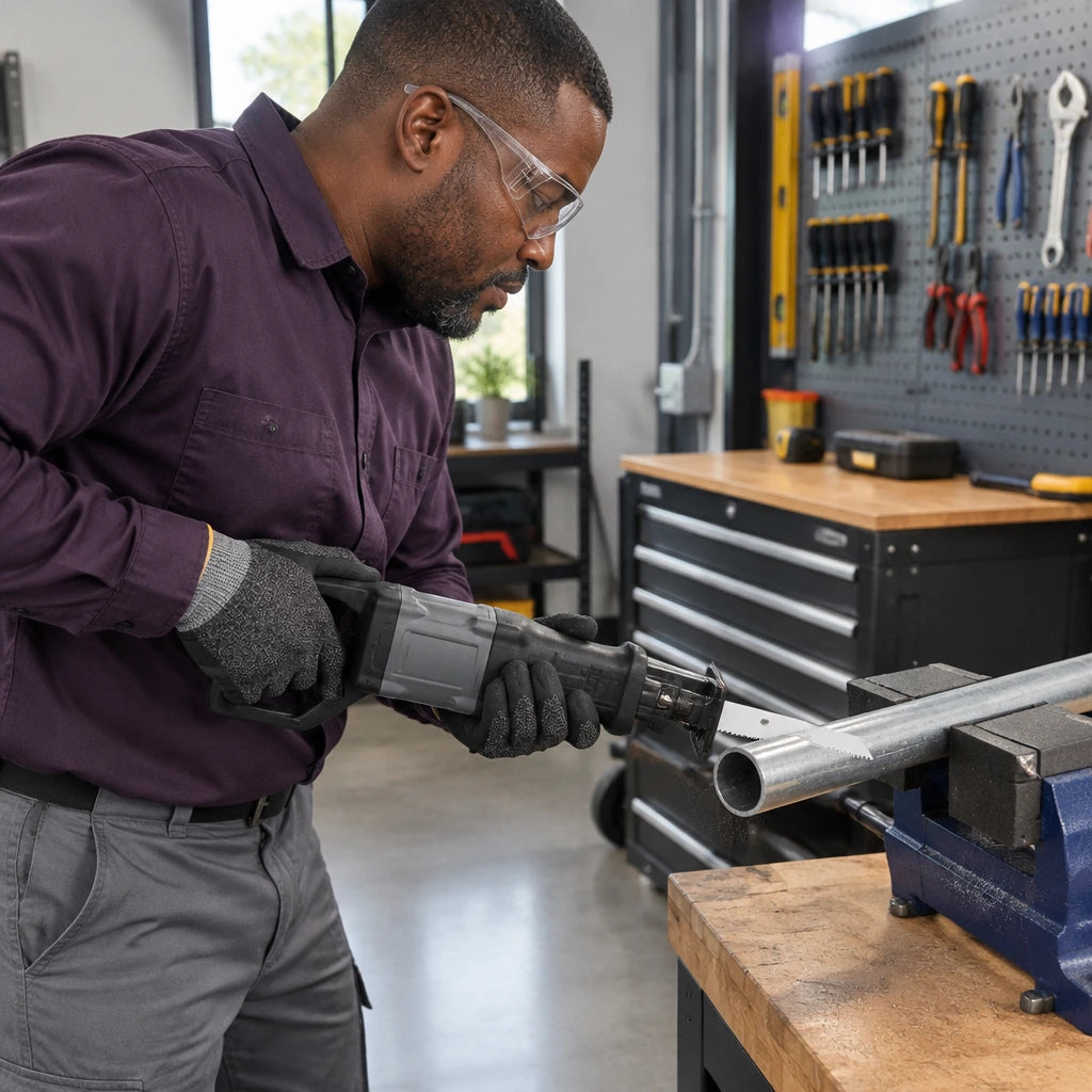 African American facilities technician uses a reciprocating saw fitted with an NRG 150mm metal blade to cut a supported steel pipe.