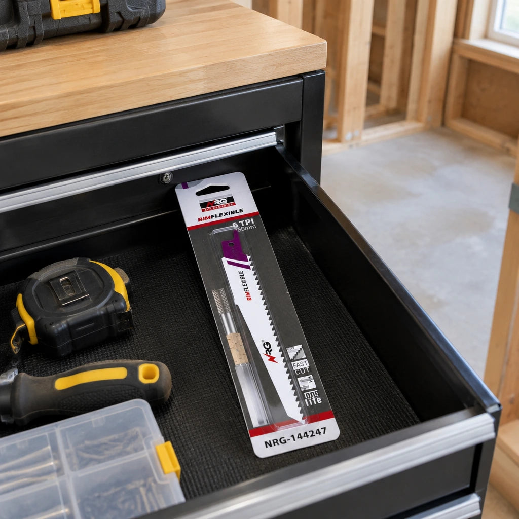 Packaged NRG bi-metal reciprocating saw blade stored in an organised renovation tool chest.