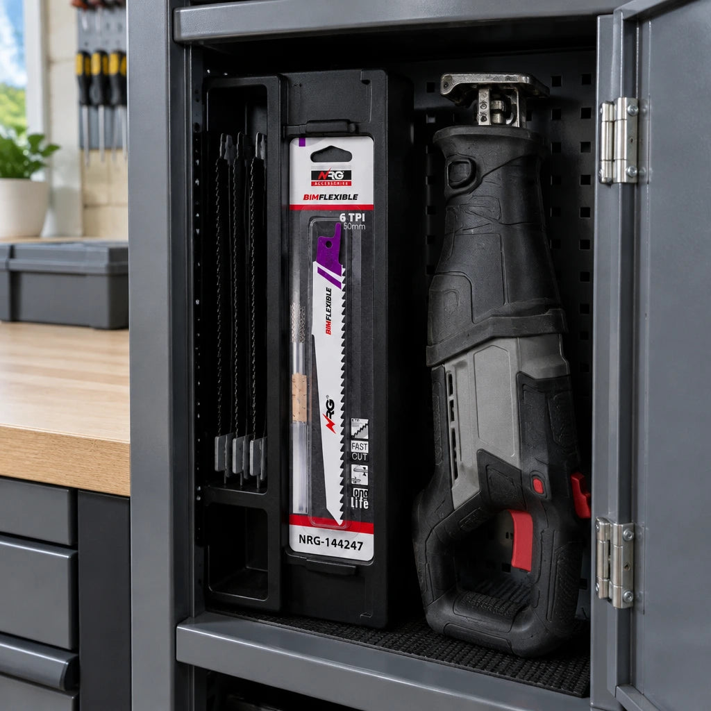 Packaged NRG 150mm bi-metal reciprocating saw blade stored in an organised renovation tool cabinet