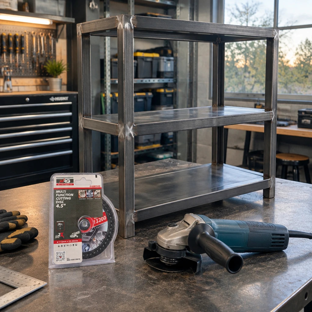 Completed square steel storage frame beside a disconnected angle grinder and packaged NRG diamond cutting disc in a fabrication shop.