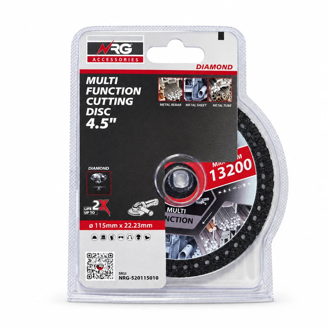 NRG 115 mm diamond metal-cutting disc in branded clear blister packaging on a white background.