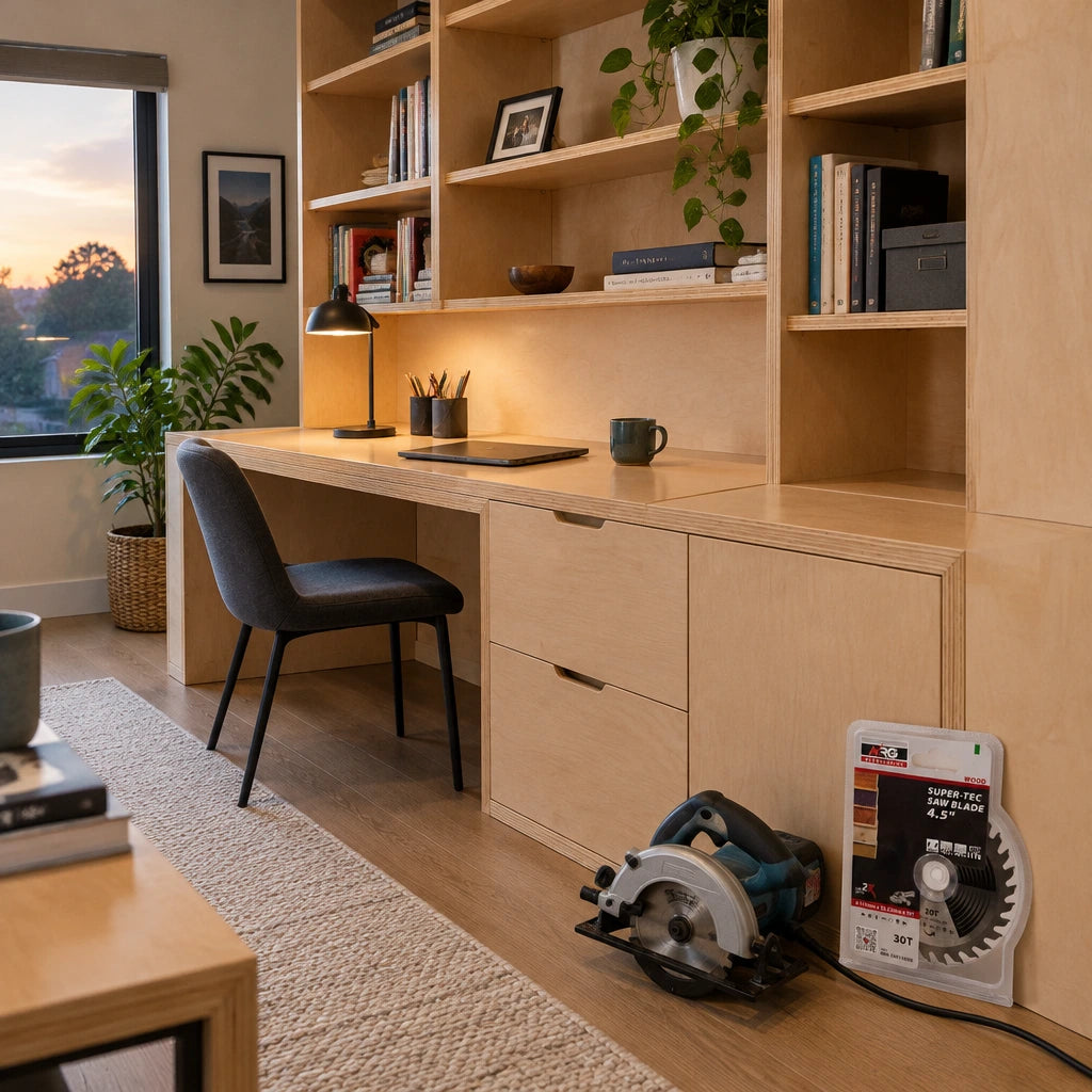 Finished plywood built-in office storage with an NRG wood saw blade package and compatible saw nearby