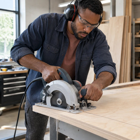 Cabinetmaker using a compatible circular saw fitted with an NRG 115 mm 30T blade to cut plywood