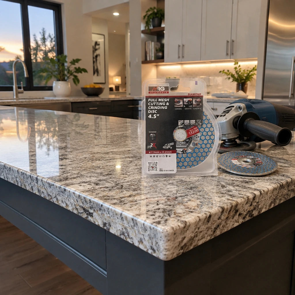 Finished granite countertop edge ready for installation with the NRG diamond disc and compatible angle grinder resting nearby.