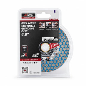 Packaged NRG 115mm full-mesh diamond cutting and grinding disc with blue mesh face and 22.23mm bore marking on white background.