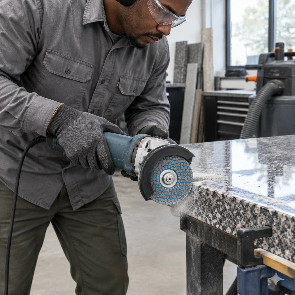African American stone fabricator using a guarded angle grinder with an NRG 115mm diamond disc to shape a supported granite edge.