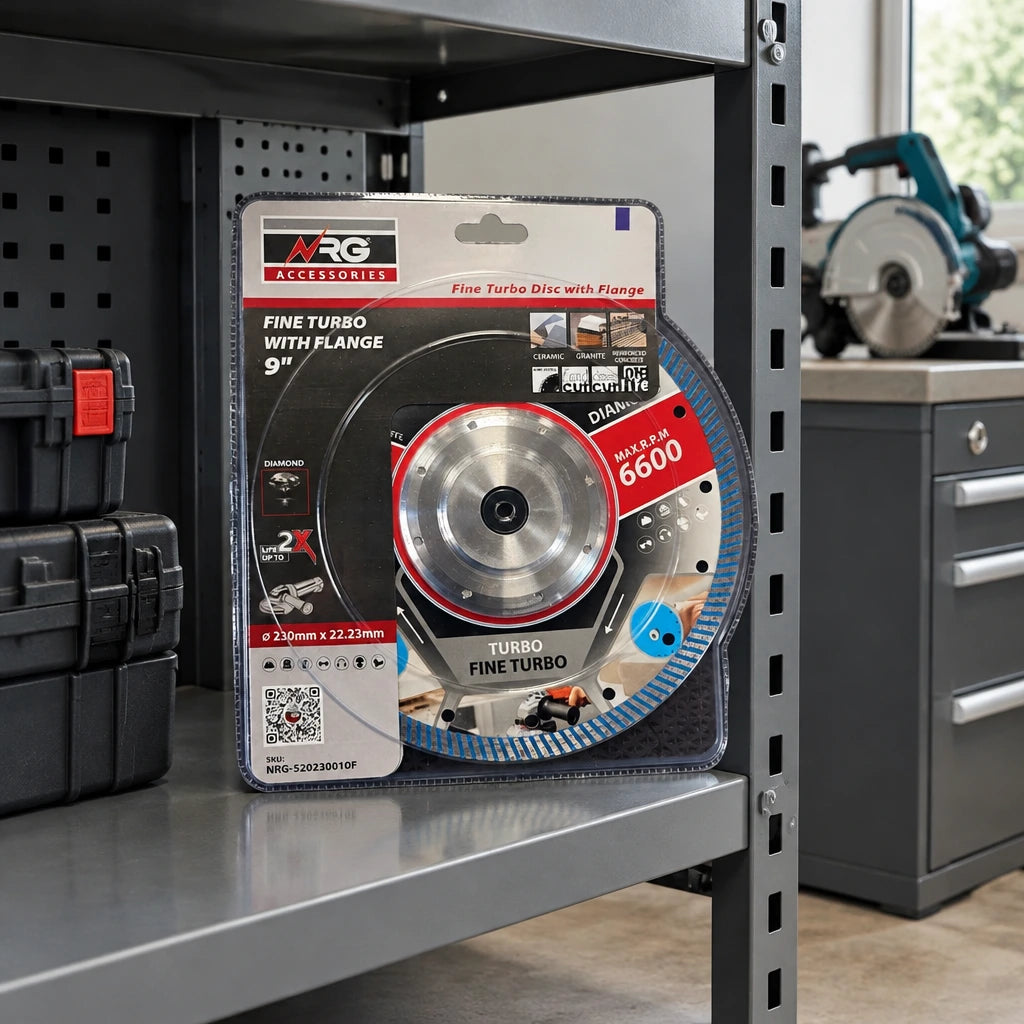 Packaged NRG Fine-Turbo diamond cutting disc stored on a clean shelf in a professional stone-fabrication workshop.