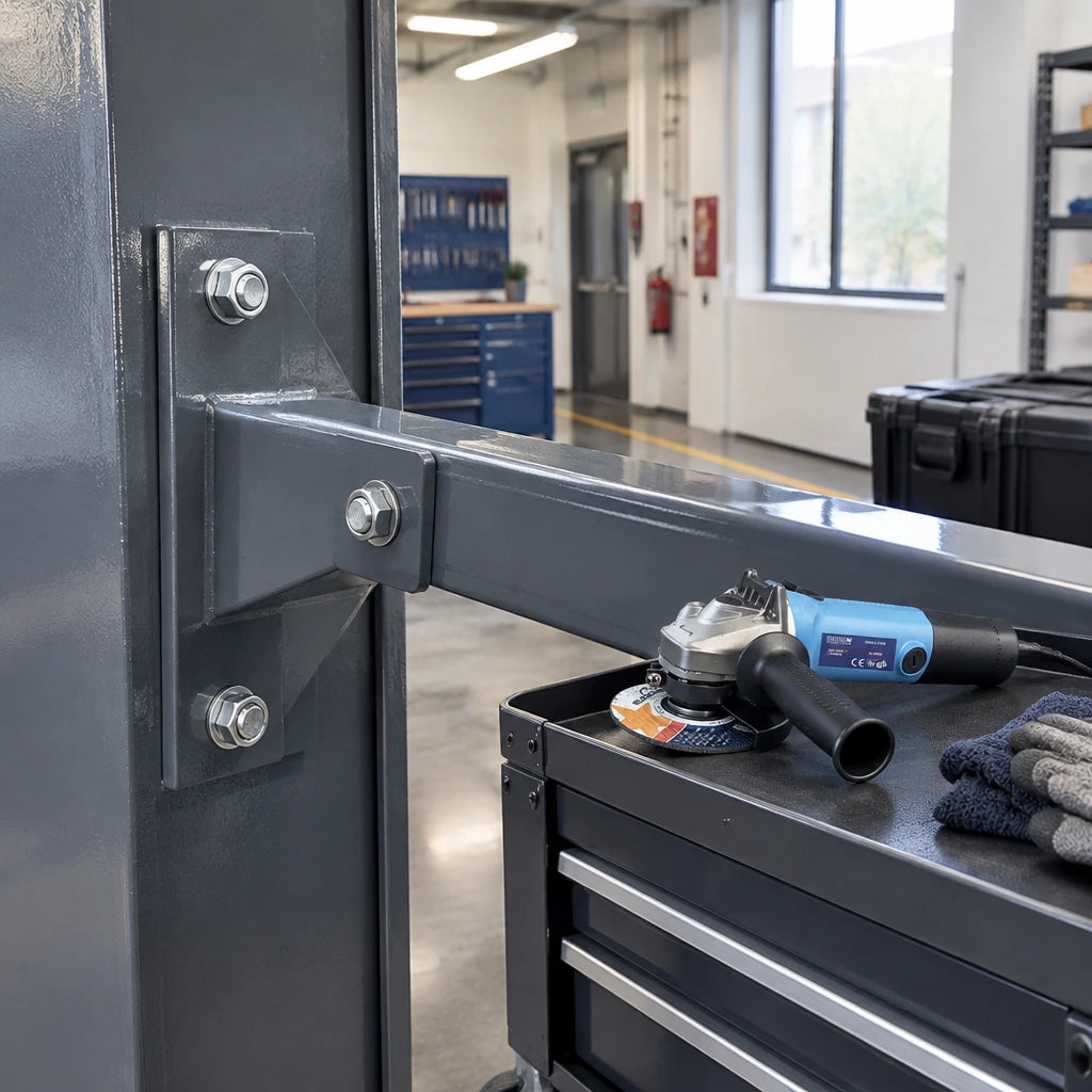 Finished steel bracket with a flush-trimmed bolt and Pirana angle grinder resting nearby in a clean maintenance area