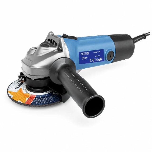 Pirana PGW6-115B 500W corded 115mm electric angle grinder with side handle and disc on white background