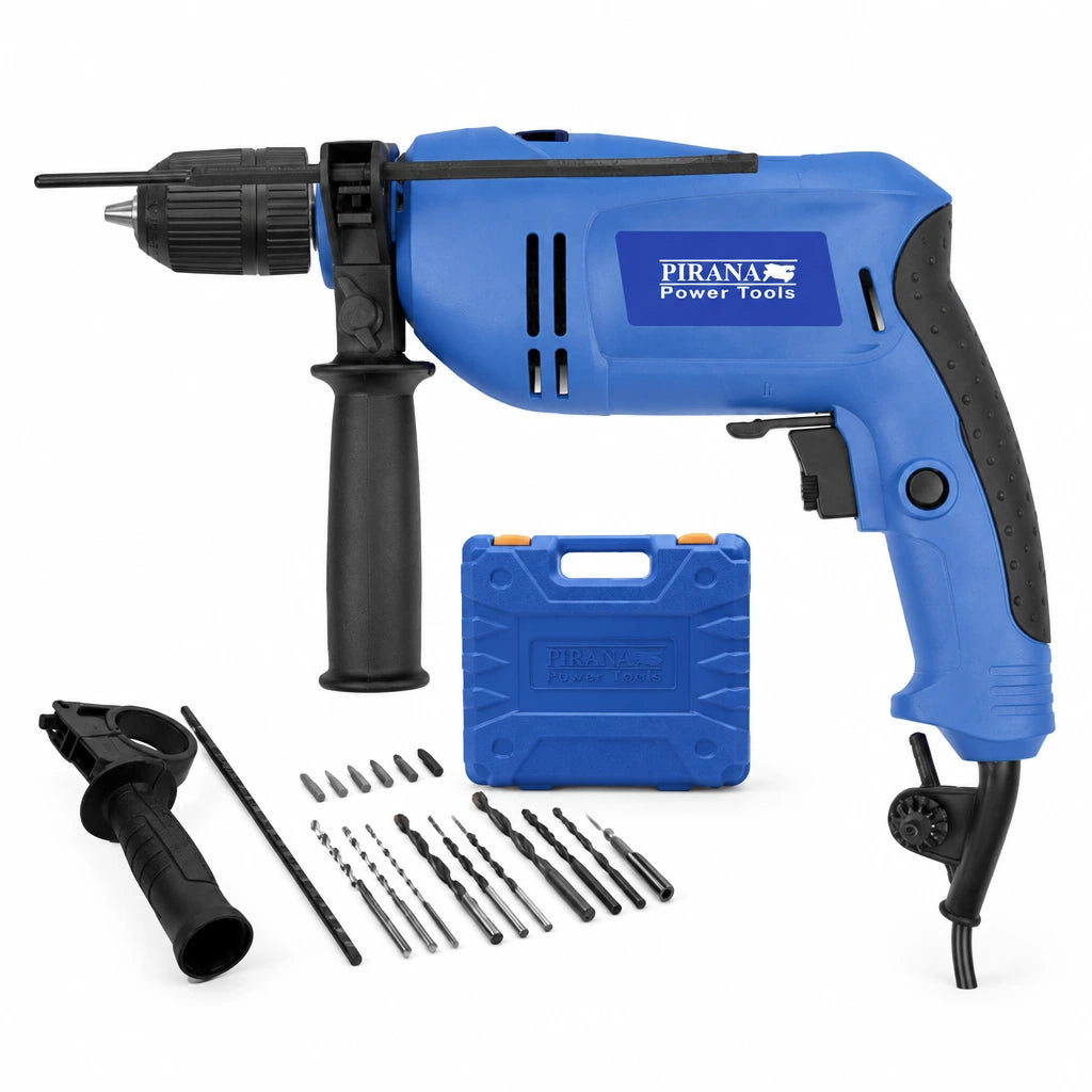 Pirana PSR650RK 650W blue corded percussion drill kit with 13mm chuck, side handle, case and drill bits on white background