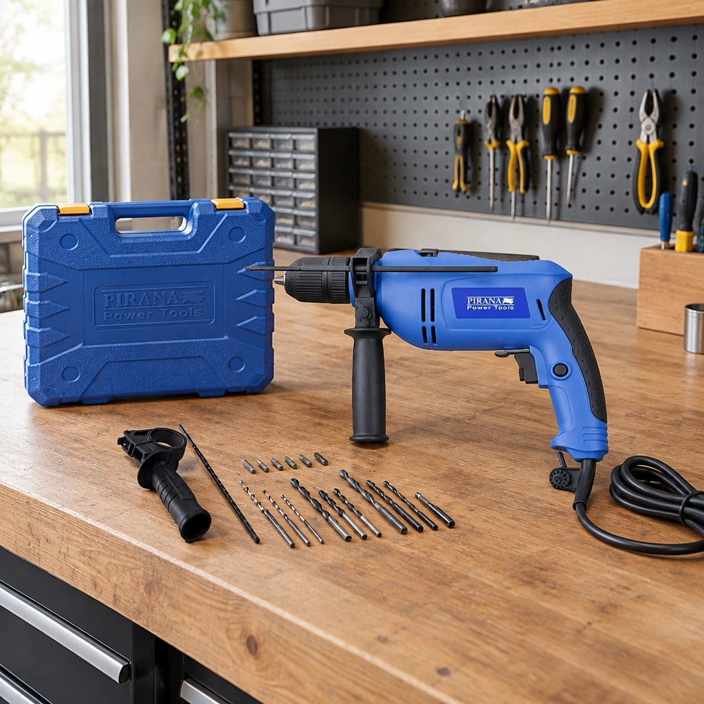 Pirana blue corded percussion drill resting beside its storage case on an organised home workshop bench.