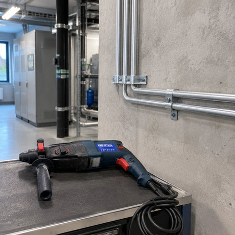 Completed conduit support anchored to a concrete plant-room wall with the Pirana rotary hammer resting nearby.