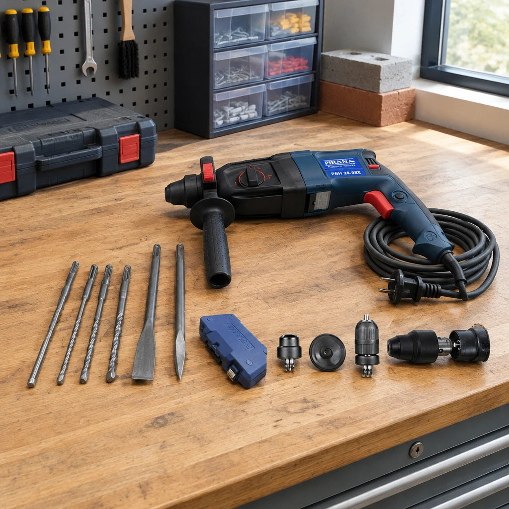 Pirana corded rotary hammer resting with masonry accessories on an organised renovation workshop bench.