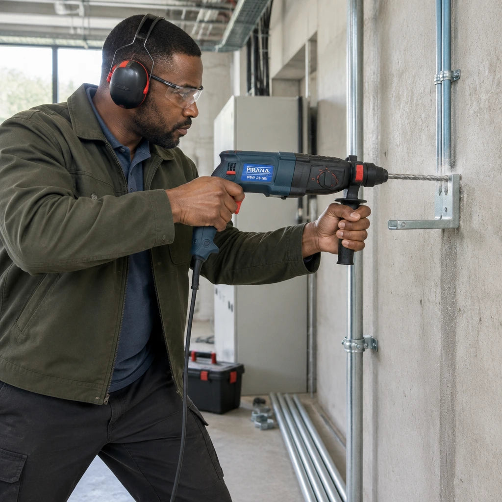 Building-services installer using a Pirana rotary hammer to drill an anchor hole in a concrete plant-room wall.