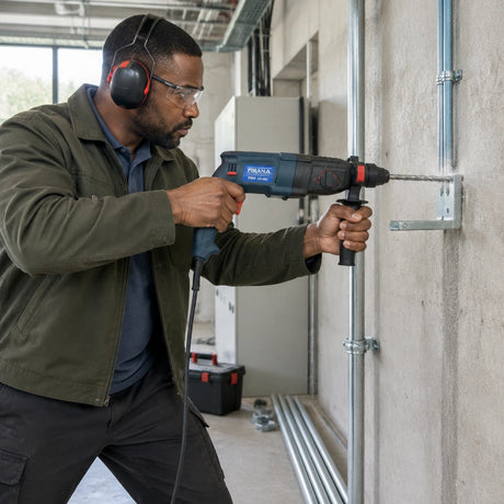 Building-services installer using a Pirana rotary hammer to drill an anchor hole in a concrete plant-room wall.