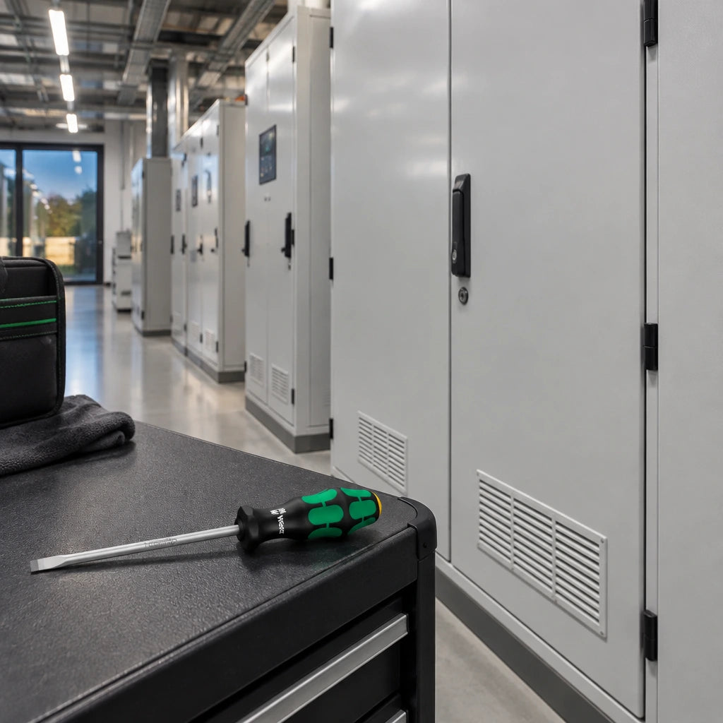 Completed plant-room service cover with a Wera 334 slotted screwdriver resting on the maintenance bench.